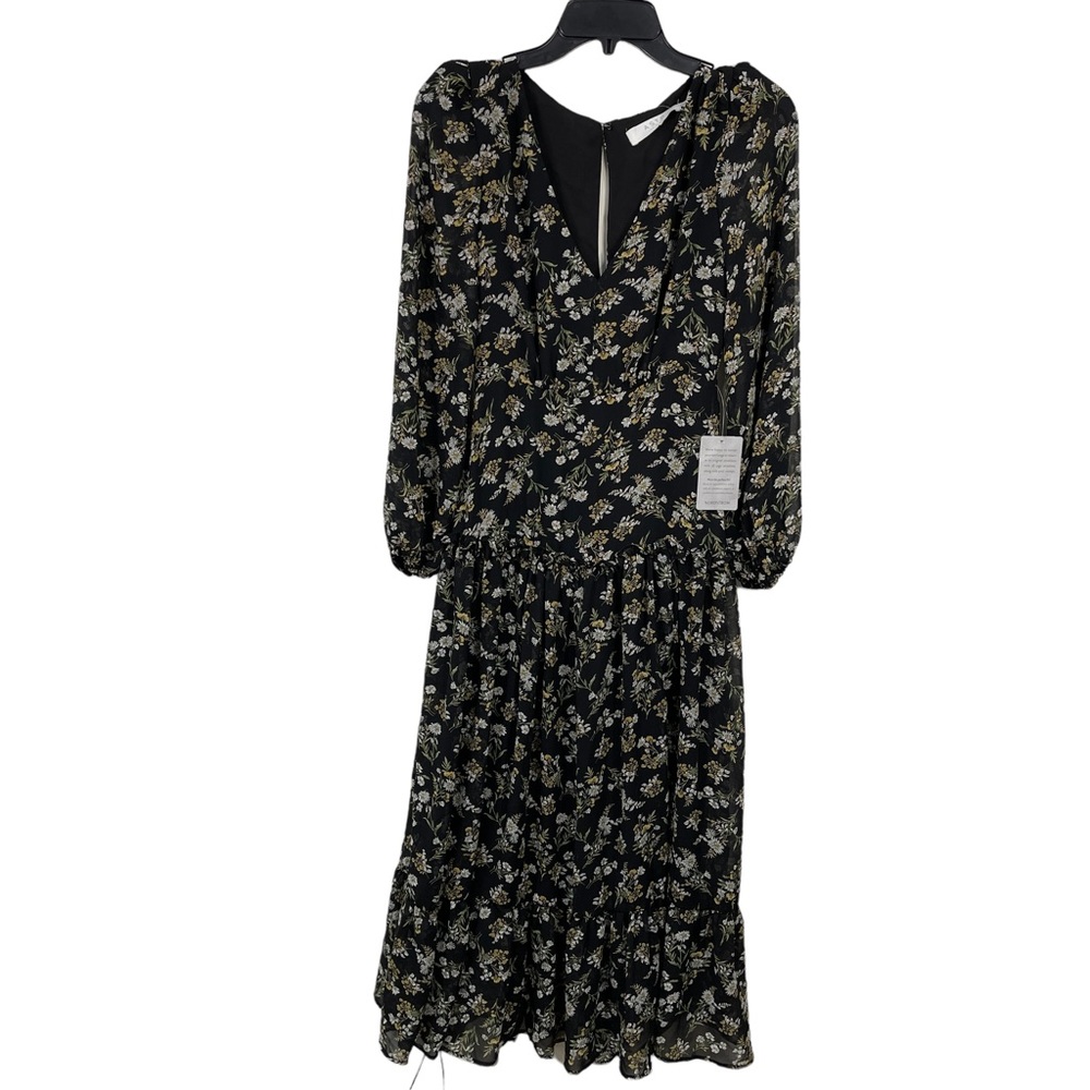 ASTR The Label Women's XS Long Sleeve V-Neck Ruffle Hem Slit Dress Floral Black